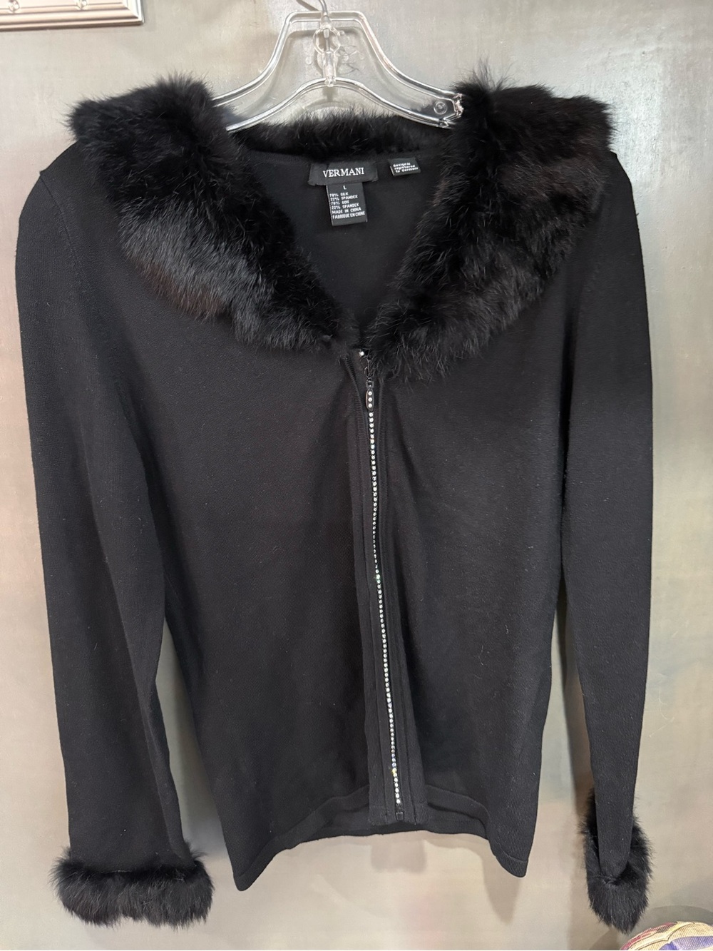 Black Faux Fur Trim Zip Sweater Size Large